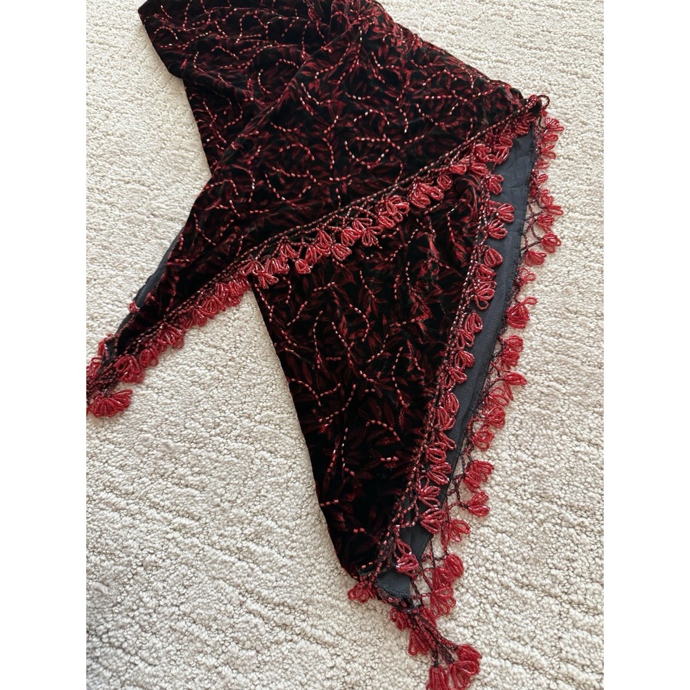 Velvet Burgundy Women's Beaded Triangle Scarf Wrap with Beaded Flower Fringe
